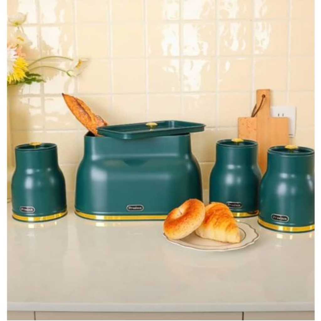 Crystals 4 Piece Metal Bread Bin - Tea Coffee Sugar Canister Storage Box Jar - Green