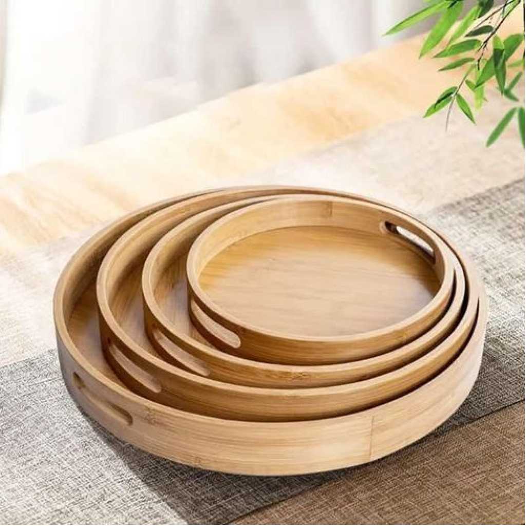 Set of 4 Bamboo Wood Natural Round Party Bar Serving Trays for Entertainment Food and Décor: Food Storage Raised Edge