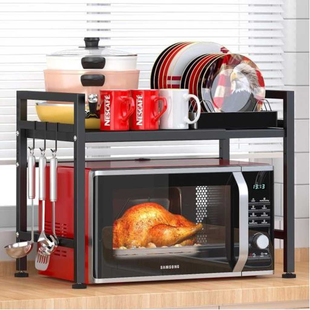 Extendable Microwave Oven Rack, Adjustable Microwave/Toaster Shelf Heavy Duty Stand Kitchen Counter Top Organizer(L15.7~23.6" xW12.6 xH18.9), 2-Tier with 3 Hooks, 160lbs Weight Capacity