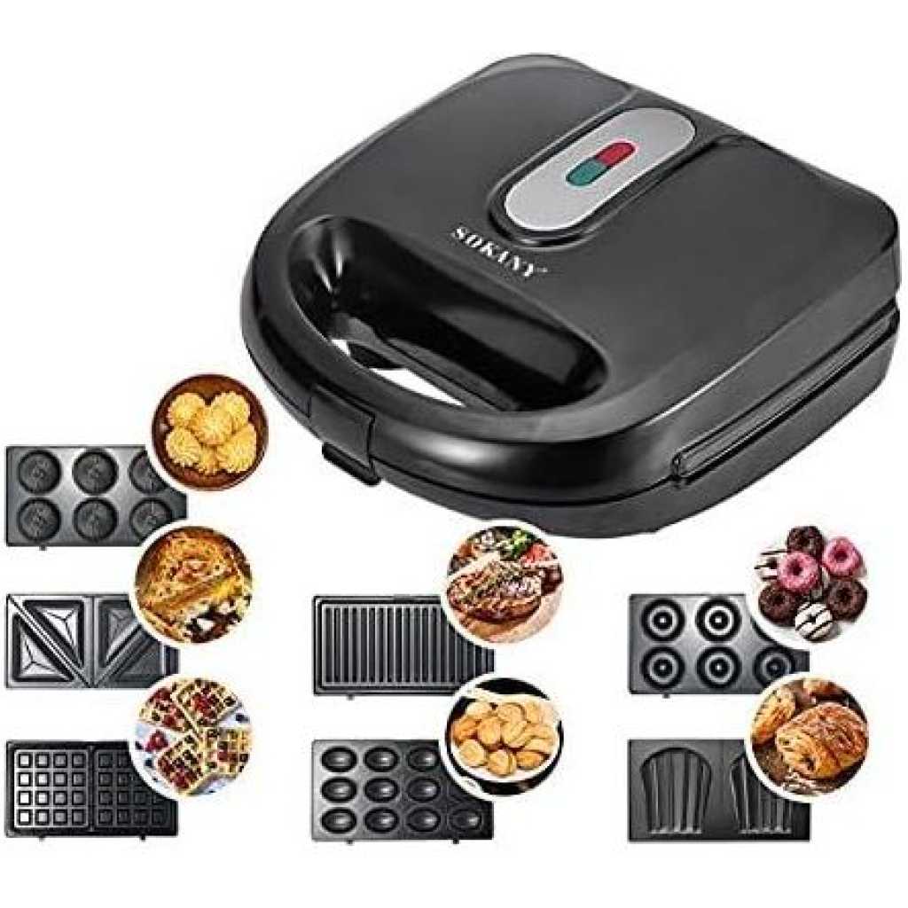 Sokany 7 In 1 Sandwich Waffle Donut Maker Set-Black/Silver