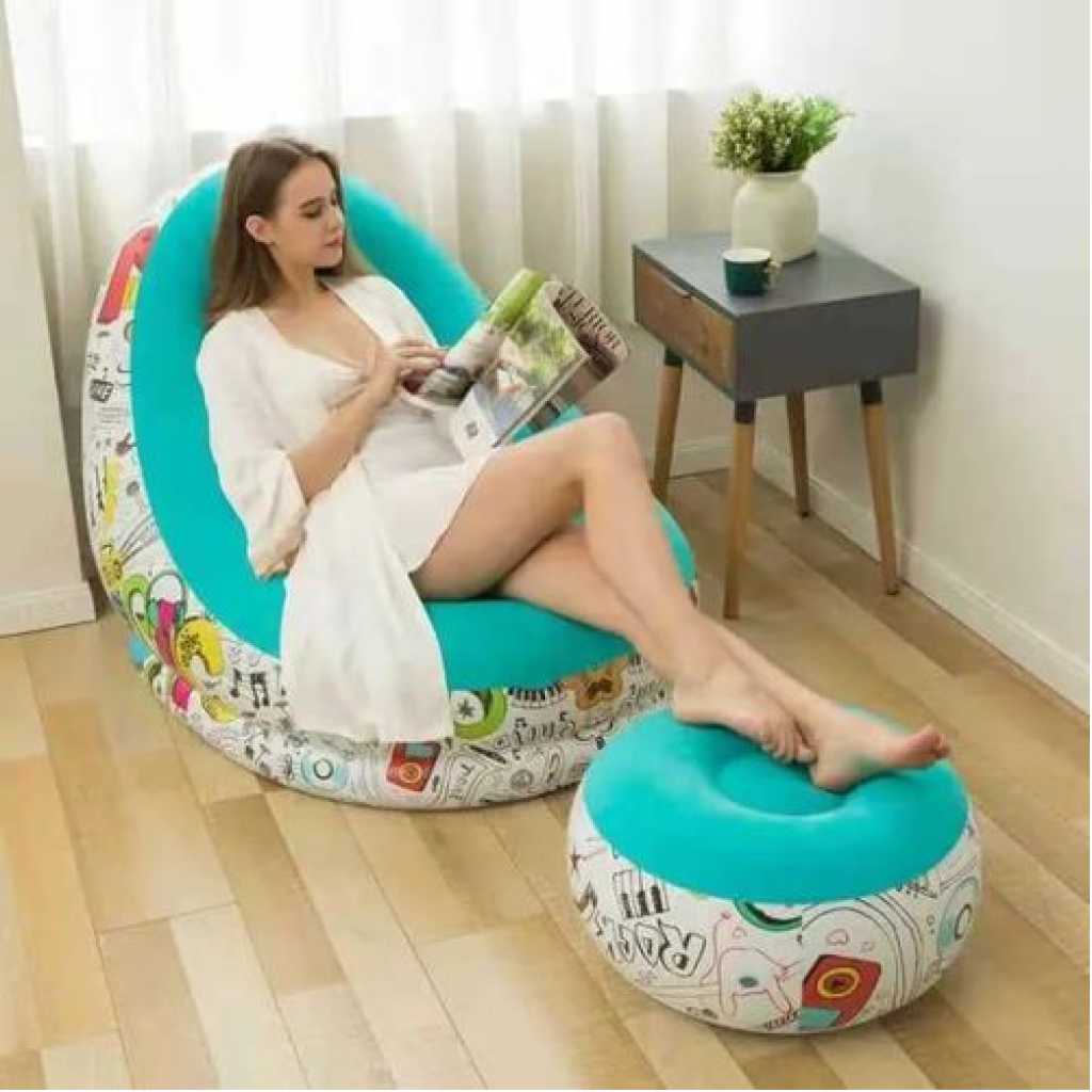 Lazy Sofa, Inflatable Sofa, Family Inflatable Lounge Chair, Graffiti Pattern Flocking Sofa, with Inflatable Foot Cushion, Suitable for Home Rest or Office Rest, Outdoor Folding Sofa Chair