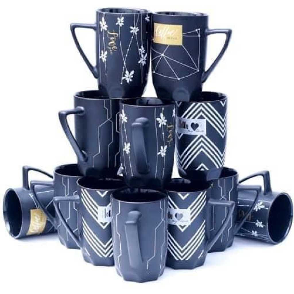 12 Pieces Of Multi-print Coffee Tea Cups Drinking Mugs- Black