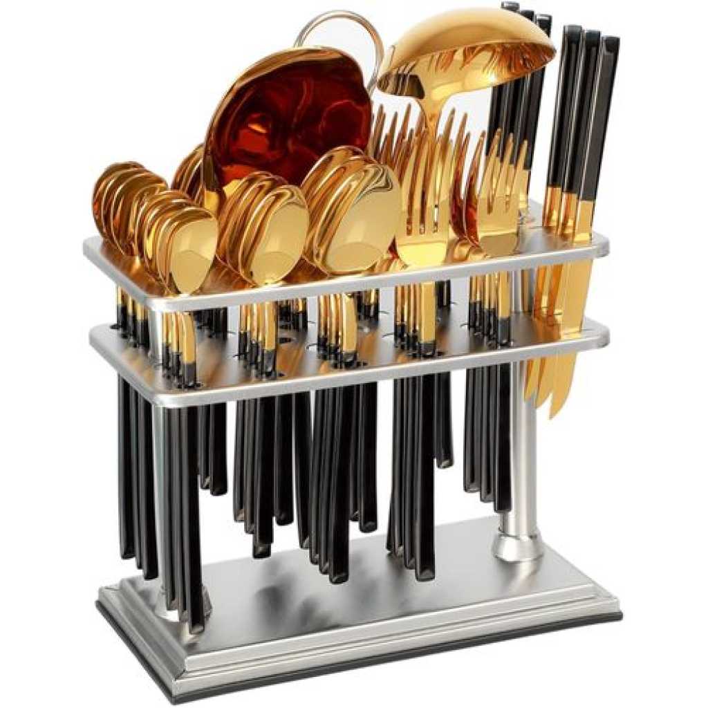 Life Smile Cutlery Set 38-Piece 18/10 Stainless Steel Spoon Set - Knife and Forks with cutlery holder - Tea & Ice Spoons - Dinner & Cake Fork - Fruit Knife - Soup ladle - Rice Server - Service for 6