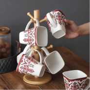6 White Flowered Mugs Cups With Bamboo Stand Tree Holder With Thicker Base For Counter