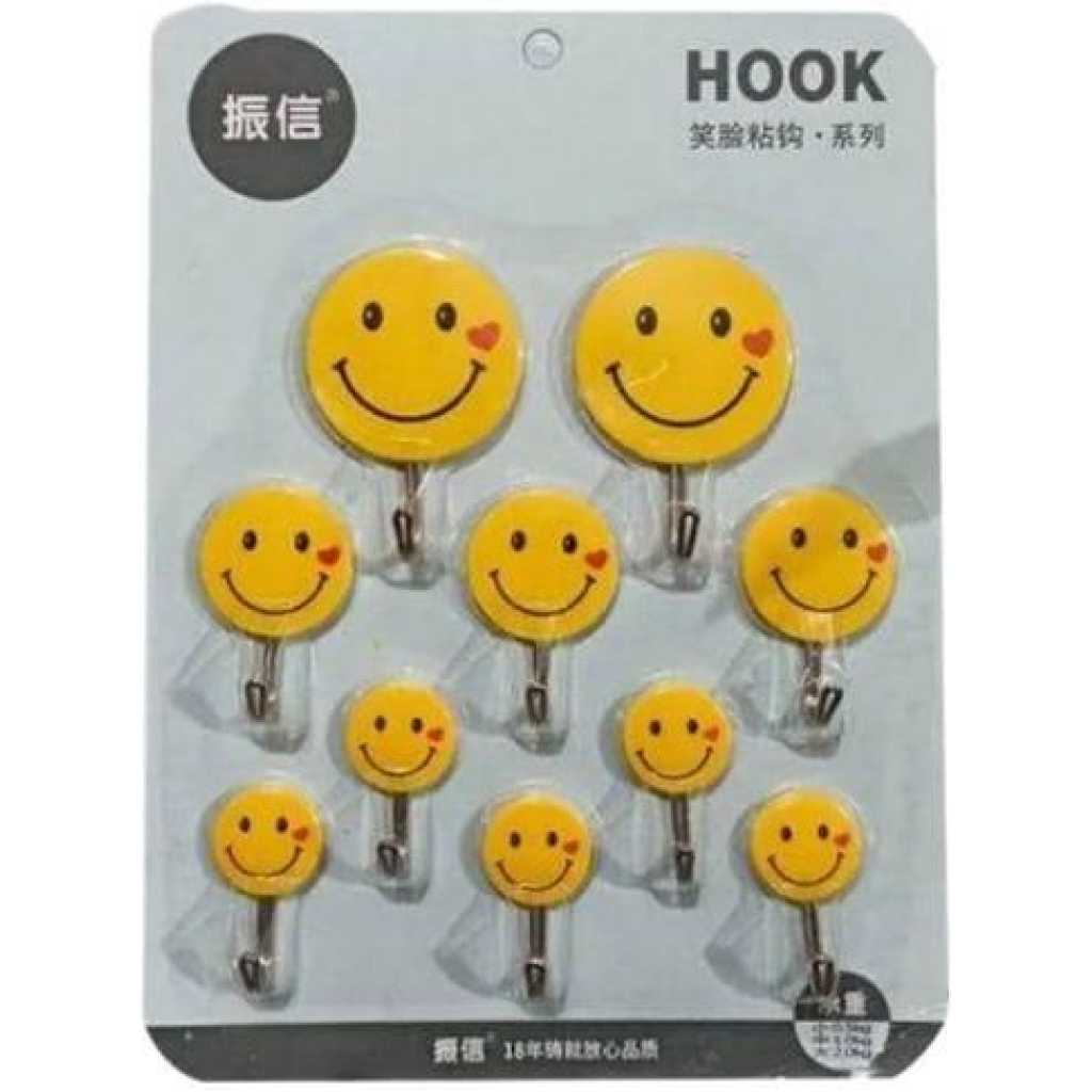 Self Adhesive Smiley Wall Steel Hooks Strong Wall Sticker Holder Door Hanger Hook (Pack of 10)