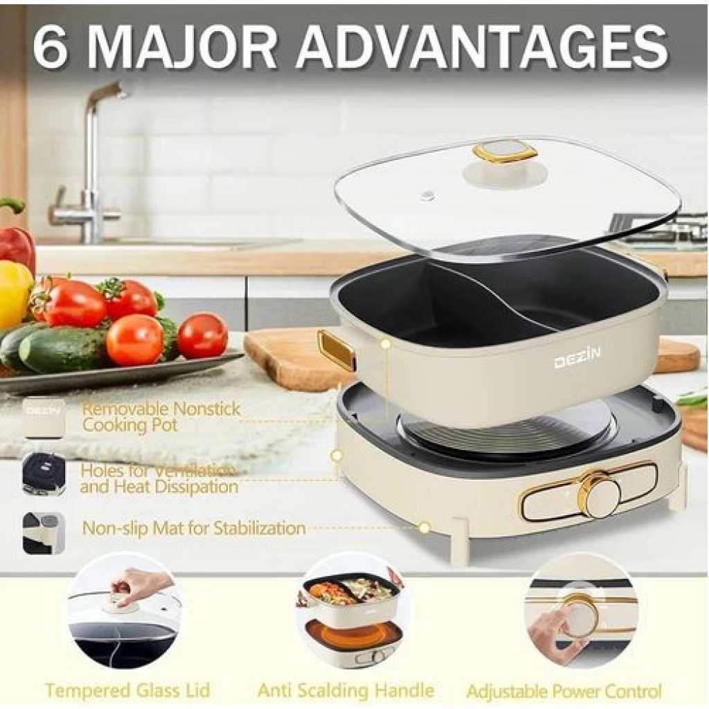 Boma Hot Pot Electric with Divider, 5L Double-Flavor Electric Shabu Shabu Pot, Removable Non-Stick Dual Sided Electric Cooker, 3" Depth Divided Pot with Multi-Power Contro