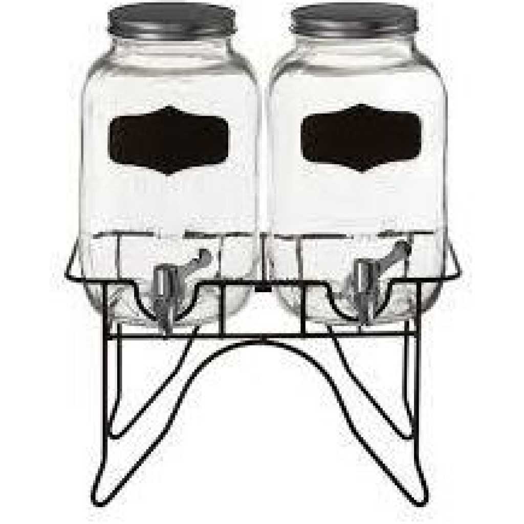Glass Beverage Drink Twin 2 Dispensers with Stand & Spigot Retro Outdoor Wedding 1 Gallon Capacity Each Cold Drinks Lemonade Juices