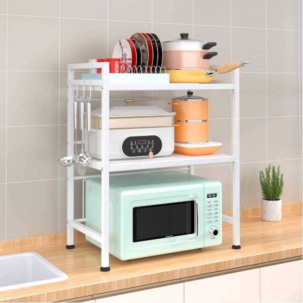 Microwave Oven Rack, Adjustable Shelf Organizer 3-Tiers with 3 Hooks, & 160lbs Capacity for Kitchen Counter