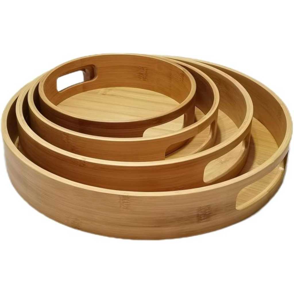 Set of 4 Bamboo Wood Natural Round Party Bar Serving Trays for Entertainment Food and Décor: Food Storage Raised Edge