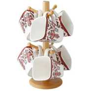 6 White Flowered Mugs Cups With Bamboo Stand Tree Holder With Thicker Base For Counter