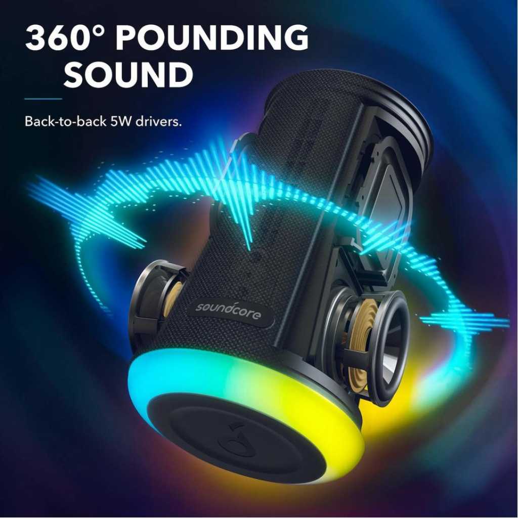 Soundcore by Anker Upgraded Flare Mini Bluetooth Speaker, Outdoor Bluetooth Speaker, IPX7 Waterproof for Outdoor Parties, LED Light Show with 360° Sound and BassUp™ Technology, App