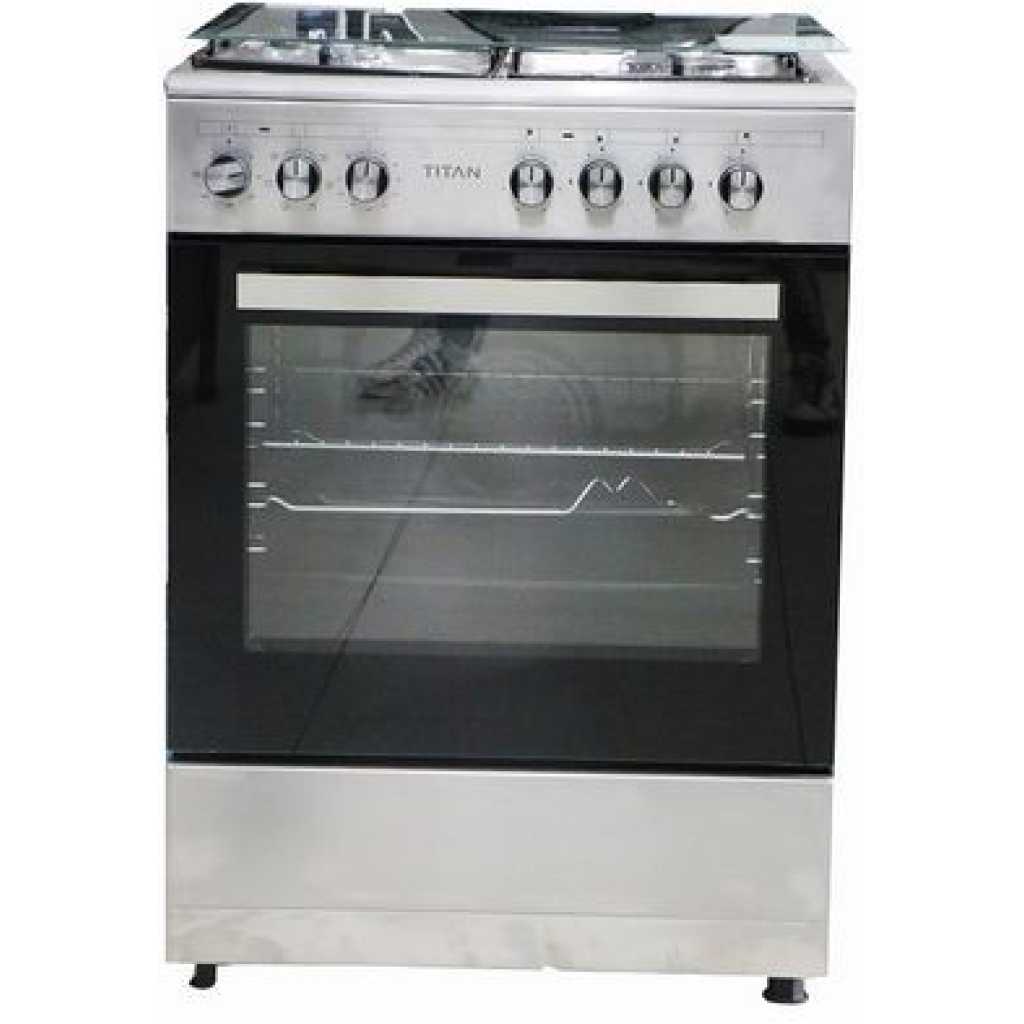 Titan Free Standing Cooker, 60x60cm, 3 Gas Burners + 1 Electric Plate, Gas Oven & Grill - TN-FC6310XA - Silver