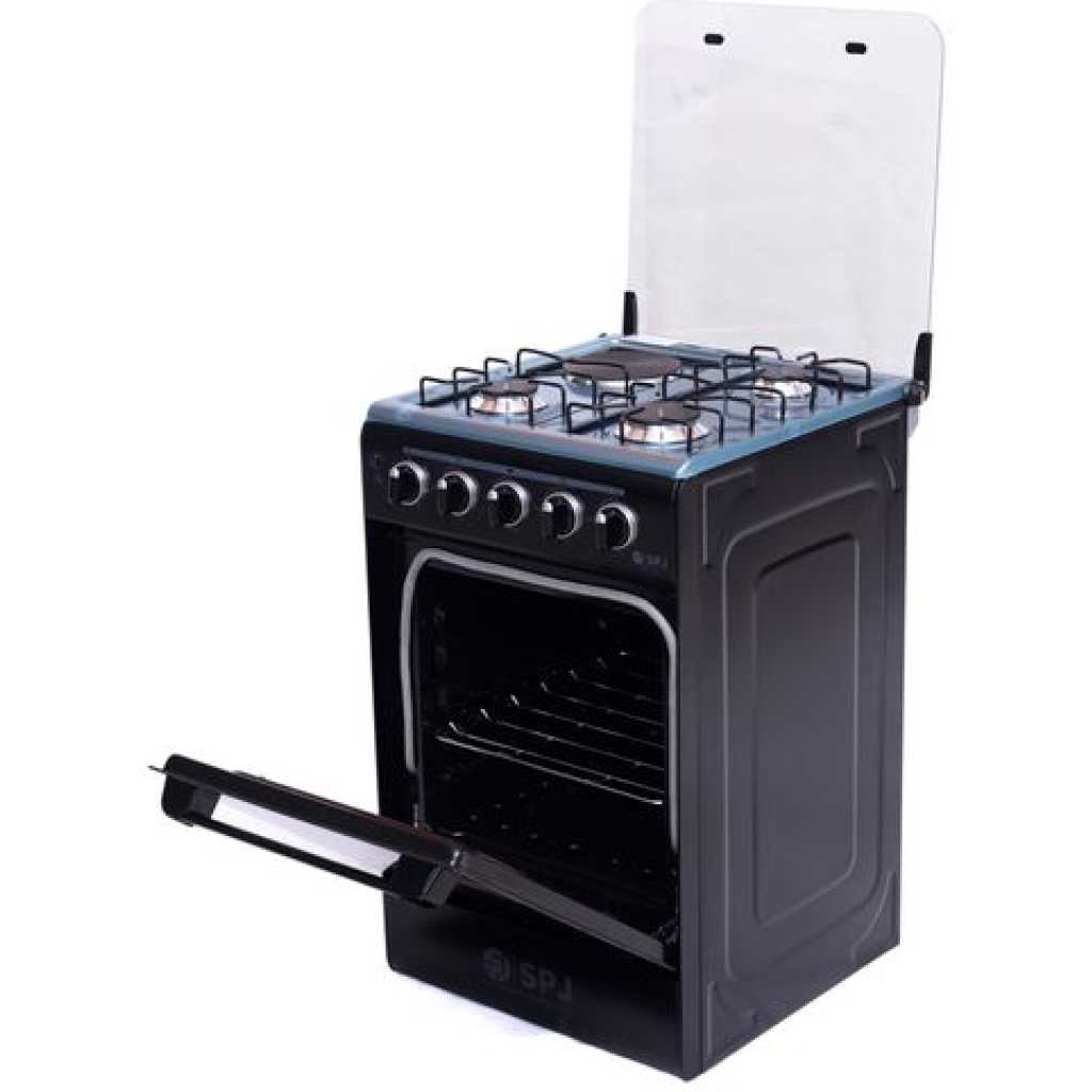 SPJ Cooker 3 Gas Burners With 1 Electric Hotplate 50X50 Standing Gas Cooker, Electric Oven & Grill, Auto Ignition - Black