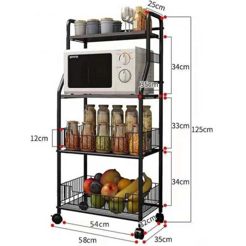 1 Piece Of 4-Tiers Kitchen Microwave Stand Storage Trolley Workstation Shelf/Tool Storage Shelf Microwave Rack/Multi-Function Kitchen Floor-Standing Rack/Baker Rack Kitchen Trolley/Space-saving Black