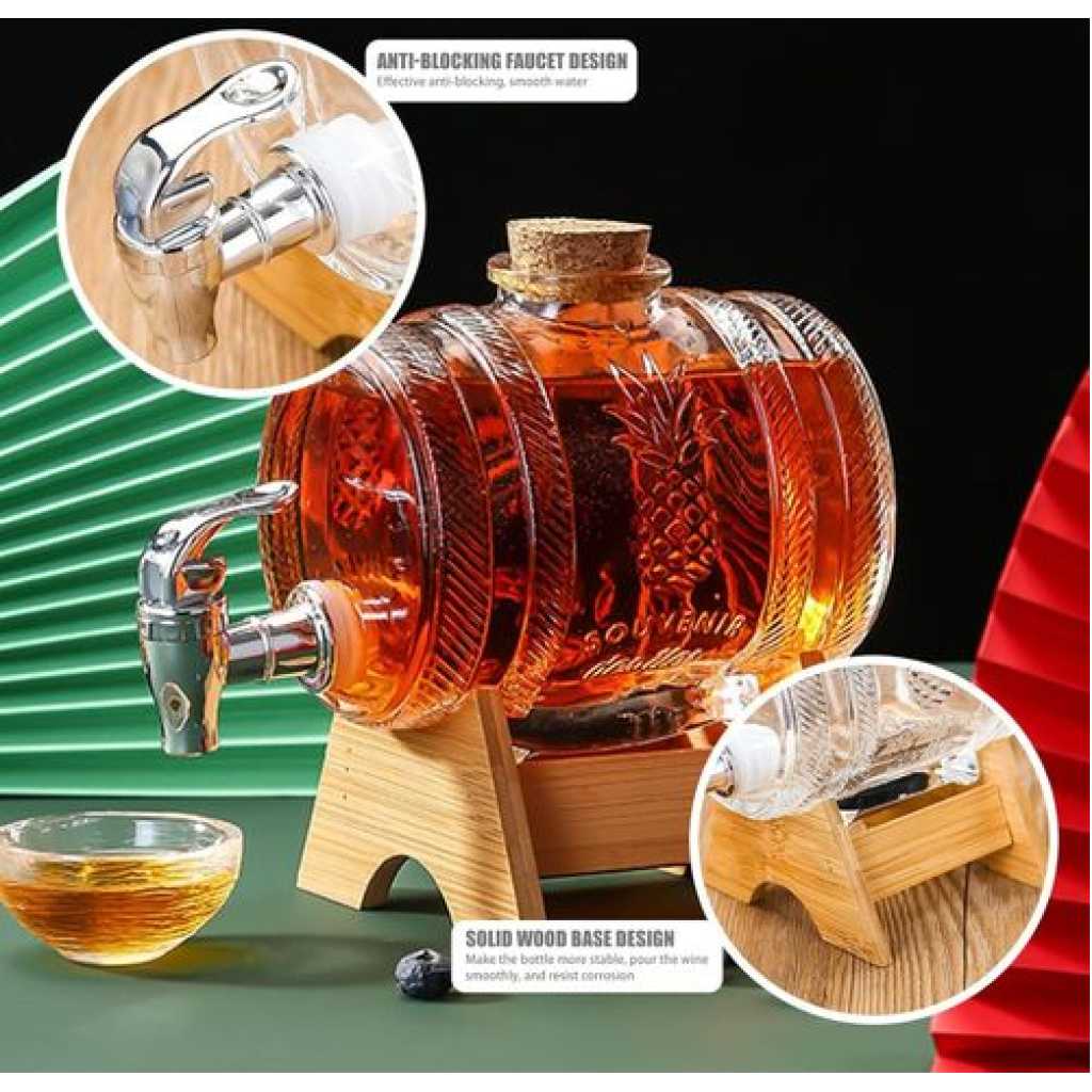 10 Litres Beverage Dispenser, Thickened Glassware Barrel With Sturdy Wooden Stand Whisky Wine Brewing Jar Dispenser With Faucet Countertop Water Dispenser For Iced Tea Beer Fruit Teapot Decor With Tap
