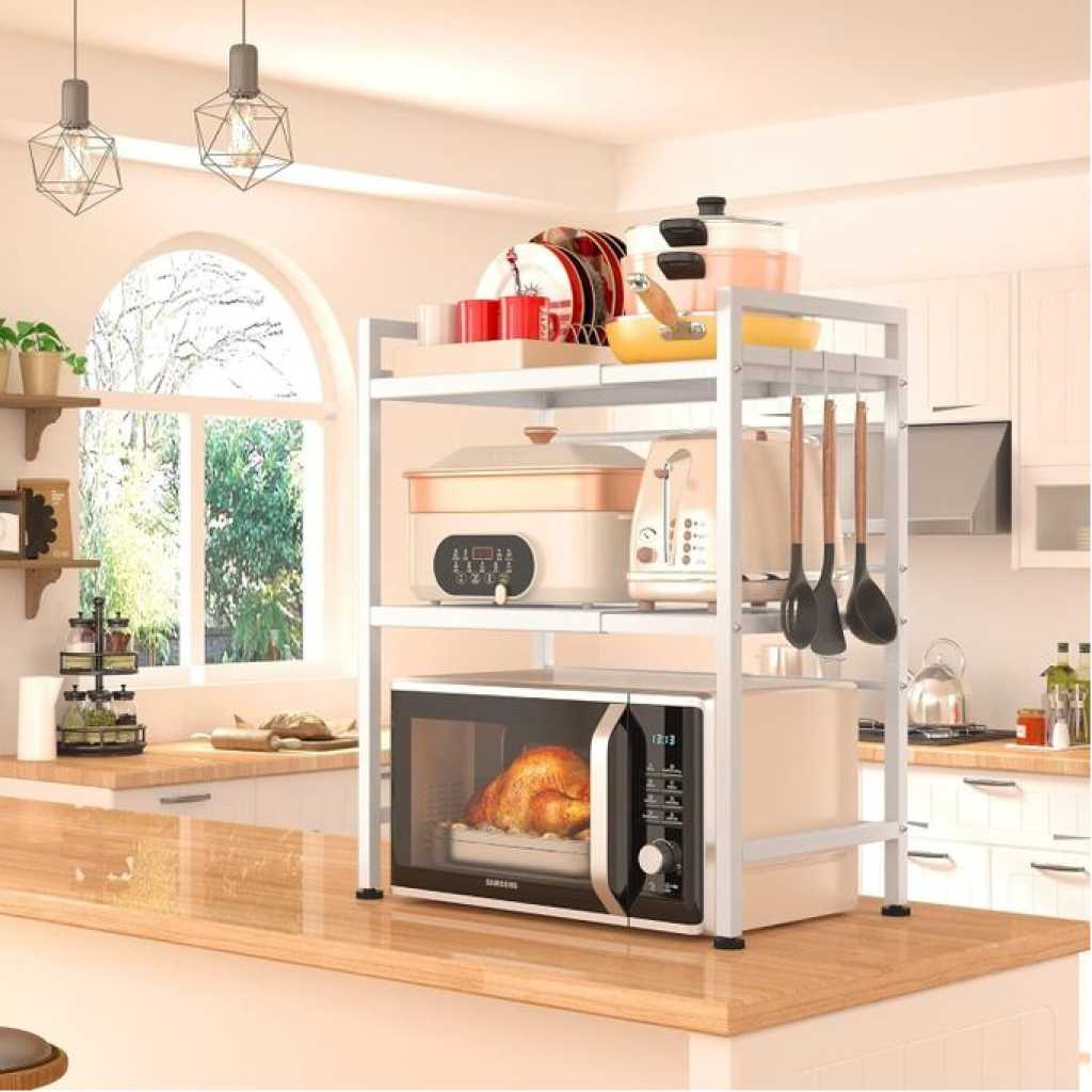 Microwave Oven Rack, Adjustable Shelf Organizer 3-Tiers with 3 Hooks, & 160lbs Capacity for Kitchen Counter