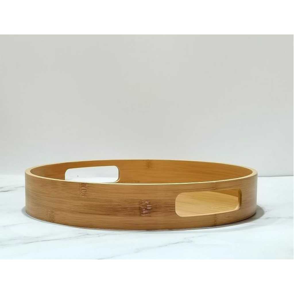 Set of 4 Bamboo Wood Natural Round Party Bar Serving Trays for Entertainment Food and Décor: Food Storage Raised Edge