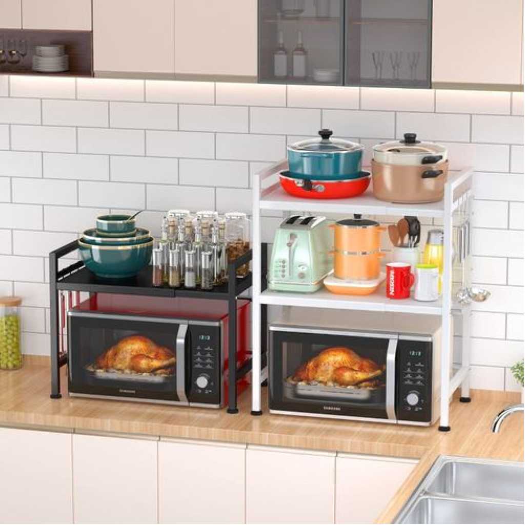 Extendable Microwave Oven Rack, Adjustable Microwave/Toaster Shelf Heavy Duty Stand Kitchen Counter Top Organizer(L15.7~23.6" xW12.6 xH18.9), 2-Tier with 3 Hooks, 160lbs Weight Capacity