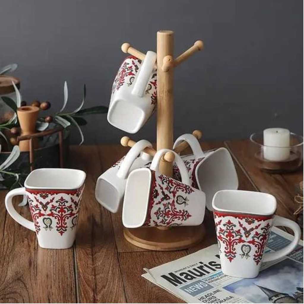 6 White Flowered Mugs Cups With Bamboo Stand Tree Holder With Thicker Base For Counter