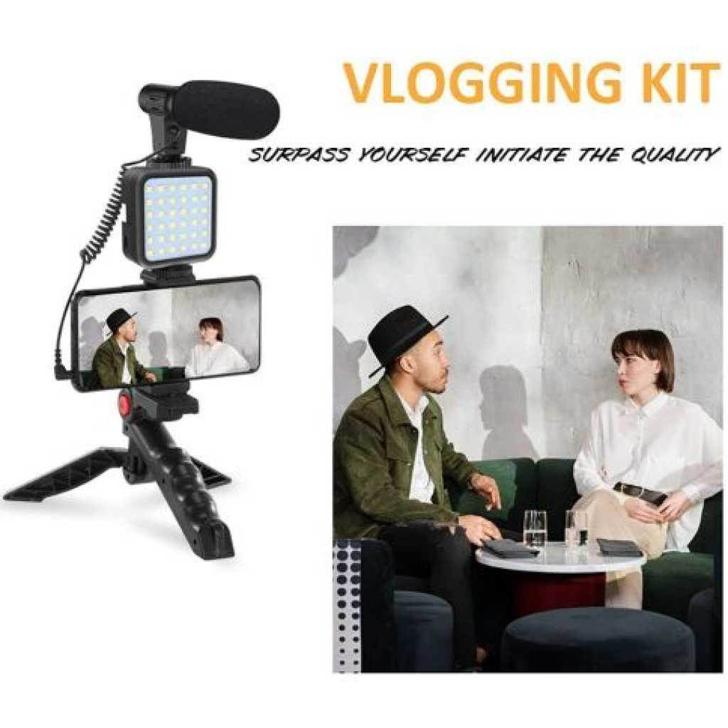 Tripod for DSLR Camera Operating Height Video Recording Vlogging Kit for Video Making, Mic, Mini Tripod Stand, LED Light & Phone Holder Clip for Podcasting With Microphone and And Light For Live Broadcast
