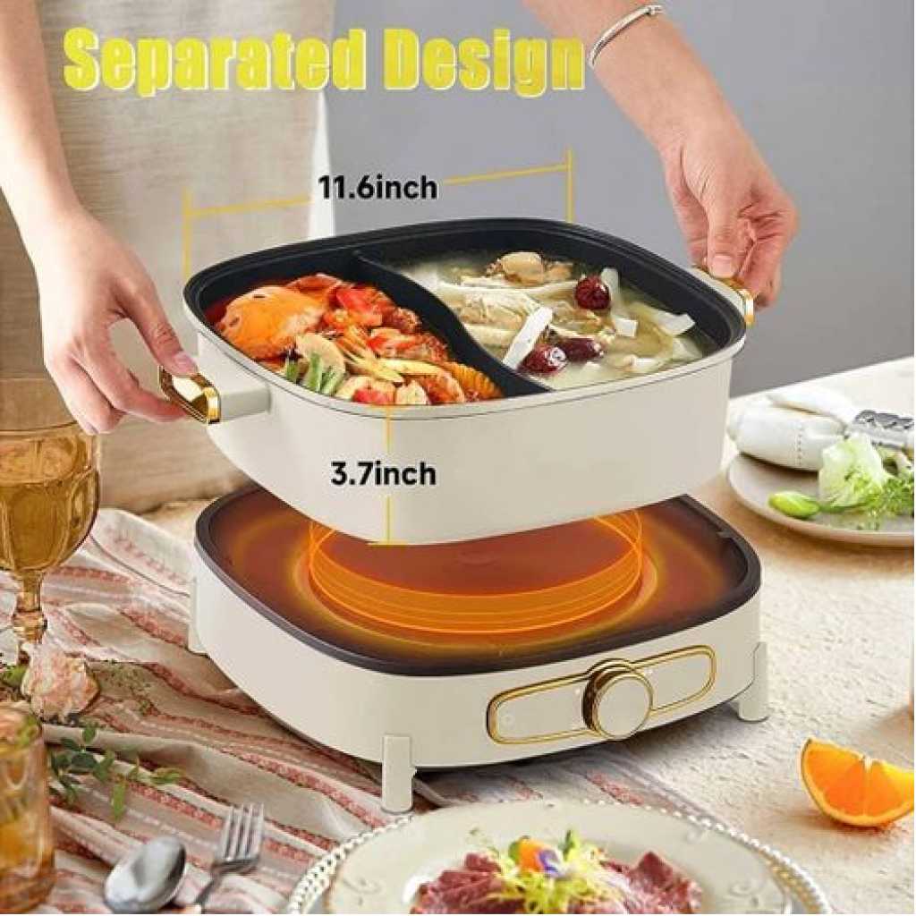 Boma Hot Pot Electric with Divider, 5L Double-Flavor Electric Shabu Shabu Pot, Removable Non-Stick Dual Sided Electric Cooker, 3" Depth Divided Pot with Multi-Power Contro