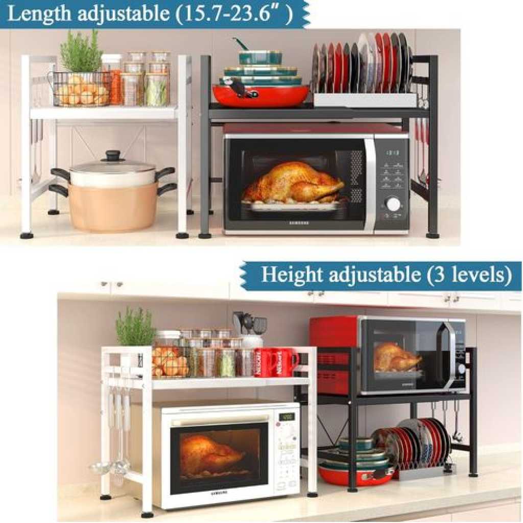 Extendable Microwave Oven Rack, Adjustable Microwave/Toaster Shelf Heavy Duty Stand Kitchen Counter Top Organizer(L15.7~23.6" xW12.6 xH18.9), 2-Tier with 3 Hooks, 160lbs Weight Capacity