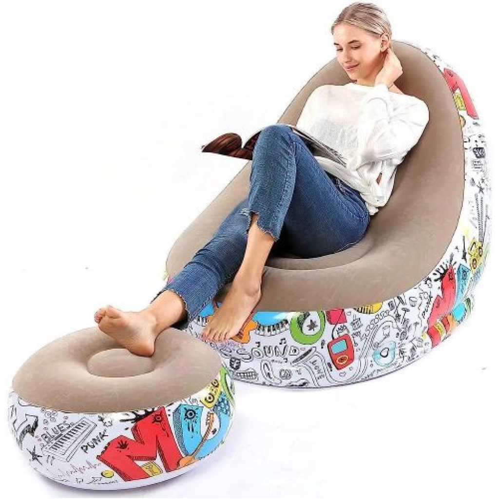 Lazy Sofa, Inflatable Sofa, Family Inflatable Lounge Chair, Graffiti Pattern Flocking Sofa, with Inflatable Foot Cushion, Suitable for Home Rest or Office Rest, Outdoor Folding Sofa Chair