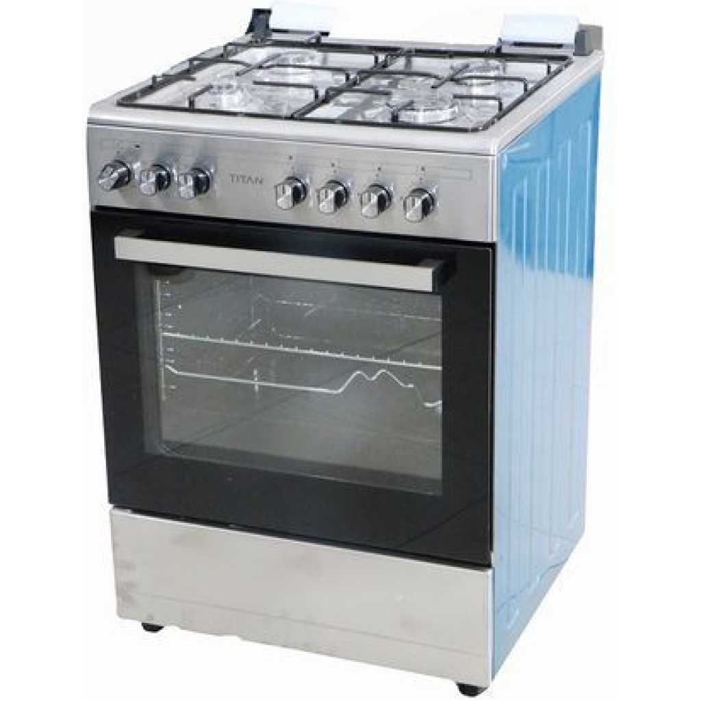 Titan Free Standing Full Gas Cooker, 60x60cm, 4 Gas Burners, Gas Oven & Grill - TN-FC6400XA - Silver
