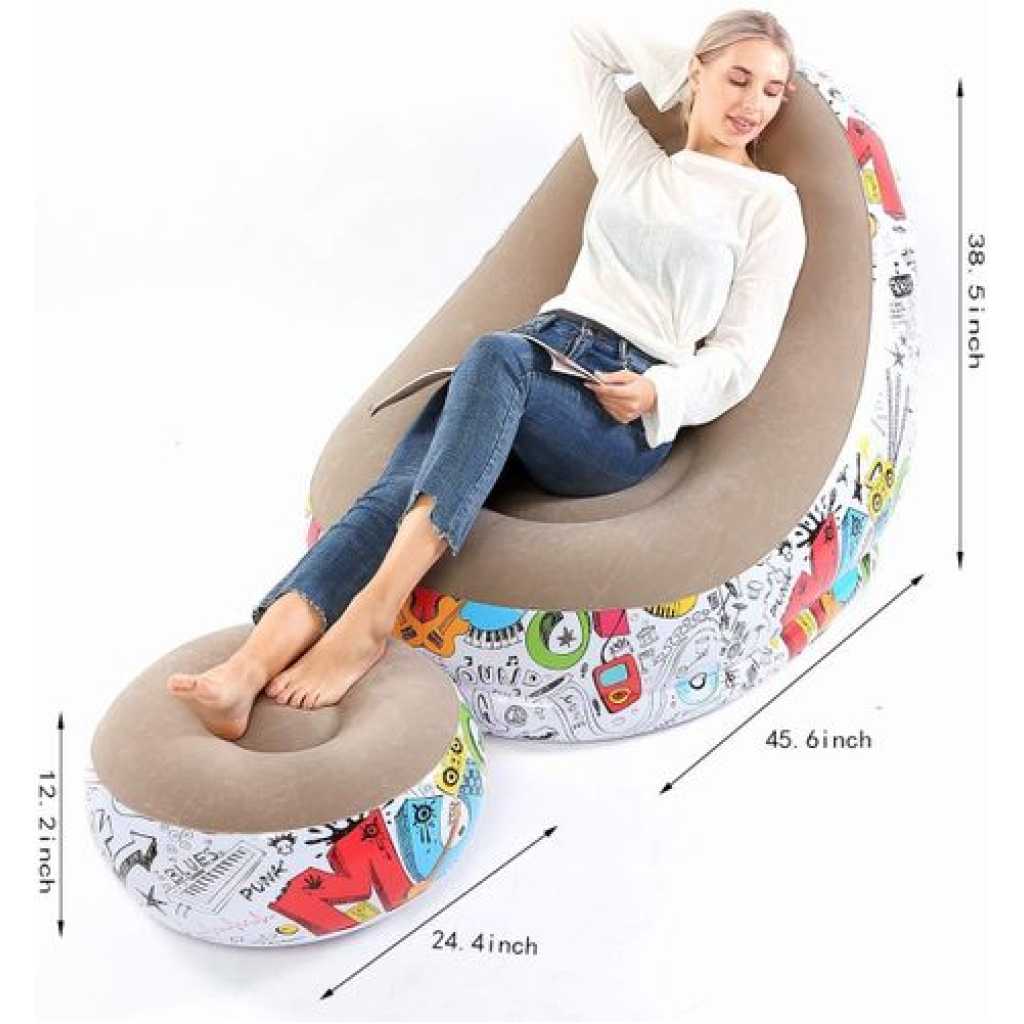 Lazy Sofa, Inflatable Sofa, Family Inflatable Lounge Chair, Graffiti Pattern Flocking Sofa, with Inflatable Foot Cushion, Suitable for Home Rest or Office Rest, Outdoor Folding Sofa Chair