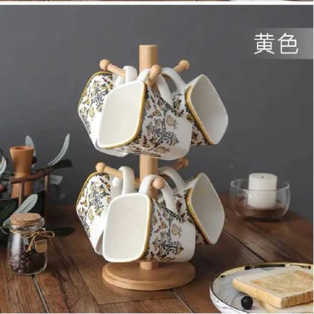 6 White Flowered Mugs Cups With Bamboo Stand Tree Holder With Thicker Base For Counter