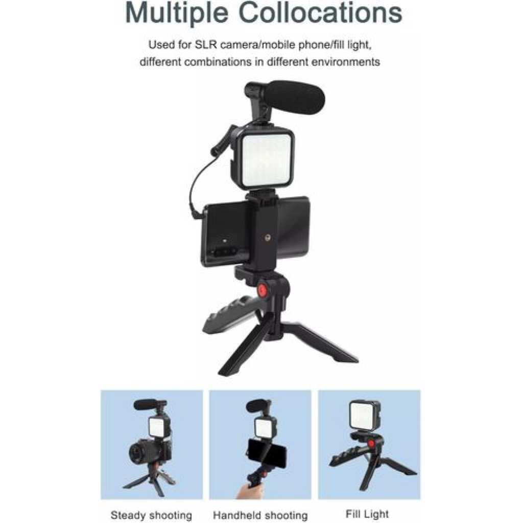 Tripod for DSLR Camera Operating Height Video Recording Vlogging Kit for Video Making, Mic, Mini Tripod Stand, LED Light & Phone Holder Clip for Podcasting With Microphone and And Light For Live Broadcast