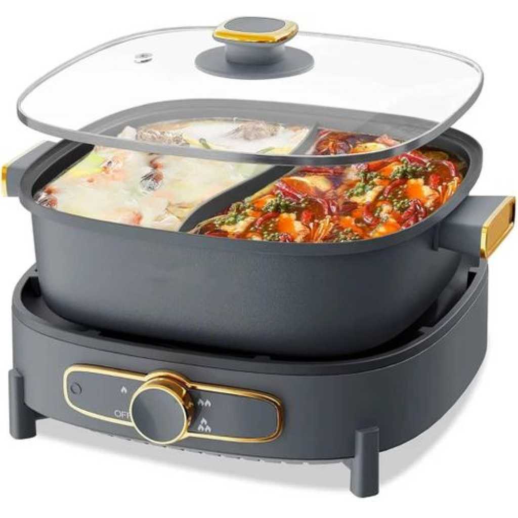 Boma Hot Pot Electric with Divider, 5L Double-Flavor Electric Shabu Shabu Pot, Removable Non-Stick Dual Sided Electric Cooker, 3" Depth Divided Pot with Multi-Power Contro