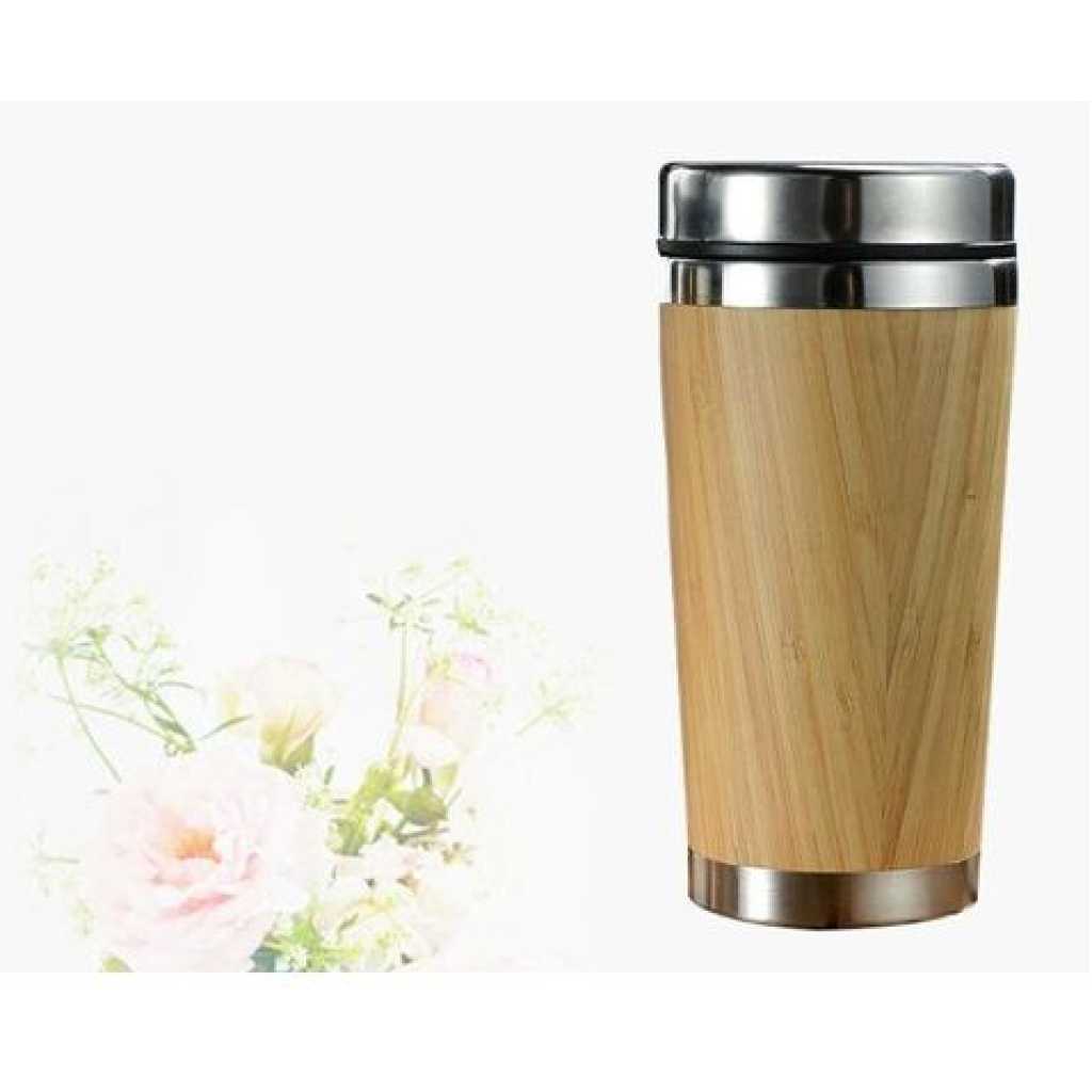 Stainless Steel Bamboo Travel Mug - Spill Proof Lid & Insulated Coffee Cup