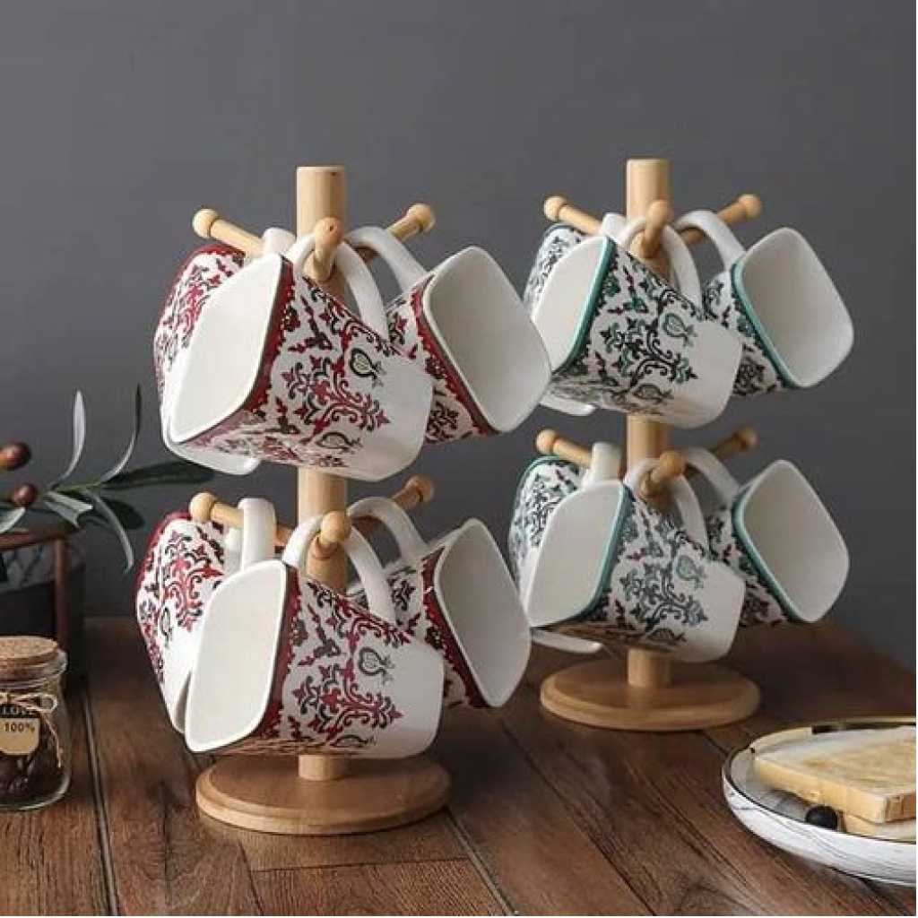 6 White Flowered Mugs Cups With Bamboo Stand Tree Holder With Thicker Base For Counter