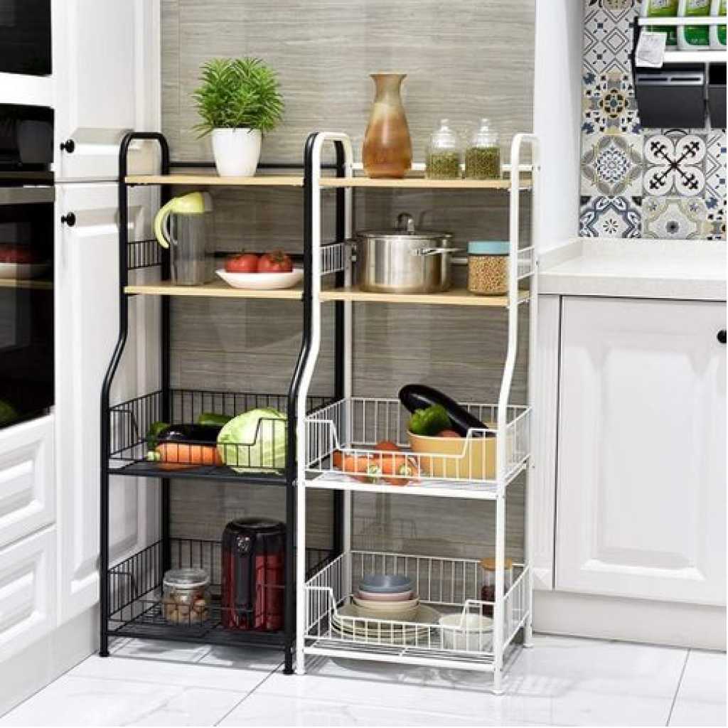 1 Piece Of 4-Tiers Kitchen Microwave Stand Storage Trolley Workstation Shelf/Tool Storage Shelf Microwave Rack/Multi-Function Kitchen Floor-Standing Rack/Baker Rack Kitchen Trolley/Space-saving Black