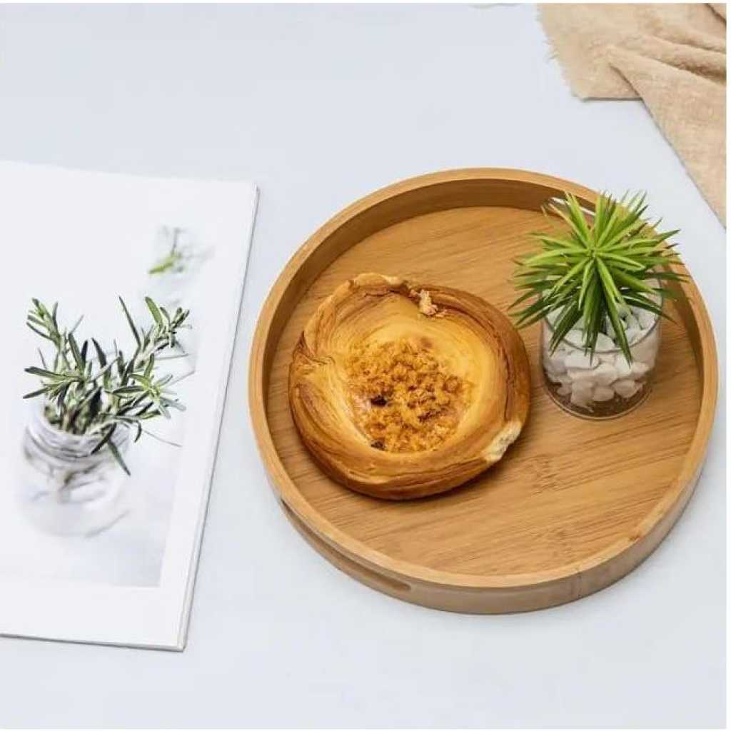 Set of 4 Bamboo Wood Natural Round Party Bar Serving Trays for Entertainment Food and Décor: Food Storage Raised Edge