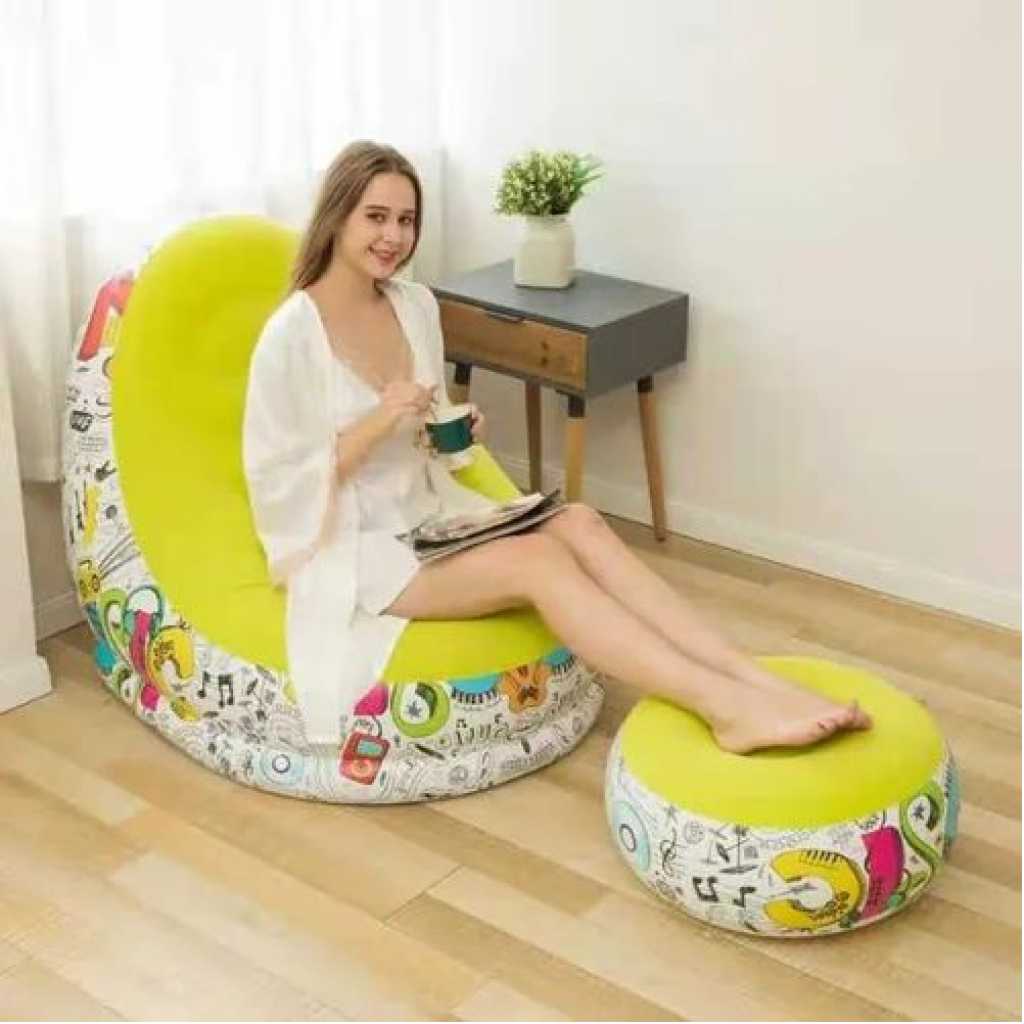 Lazy Sofa, Inflatable Sofa, Family Inflatable Lounge Chair, Graffiti Pattern Flocking Sofa, with Inflatable Foot Cushion, Suitable for Home Rest or Office Rest, Outdoor Folding Sofa Chair