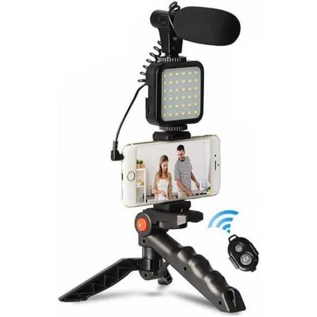 Tripod for DSLR Camera Operating Height Video Recording Vlogging Kit for Video Making, Mic, Mini Tripod Stand, LED Light & Phone Holder Clip for Podcasting With Microphone and And Light For Live Broadcast