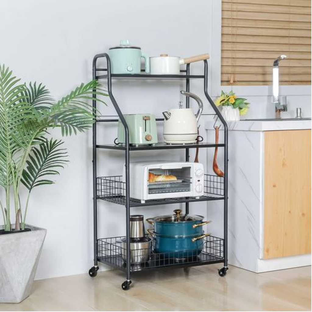 1 Piece Of 4-Tiers Kitchen Microwave Stand Storage Trolley Workstation Shelf/Tool Storage Shelf Microwave Rack/Multi-Function Kitchen Floor-Standing Rack/Baker Rack Kitchen Trolley/Space-saving Black