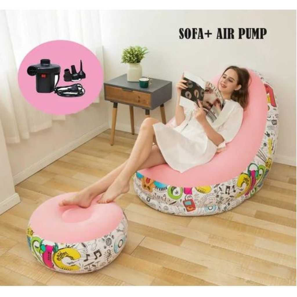 Lazy Sofa, Inflatable Sofa, Family Inflatable Lounge Chair, Graffiti Pattern Flocking Sofa, with Inflatable Foot Cushion, Suitable for Home Rest or Office Rest, Outdoor Folding Sofa Chair