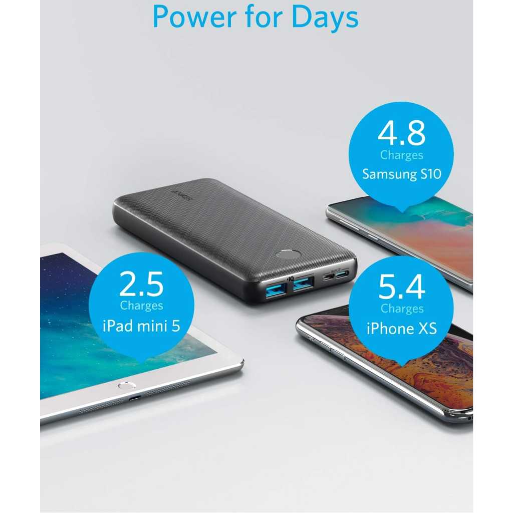 Anker 20000mAh Power Bank, PowerCore Essential Portable Charger with PowerIQ Technology and USB-C (Input Only), High-Capacity External Battery Pack Compatible with iPhone, Samsung, iPad, and More