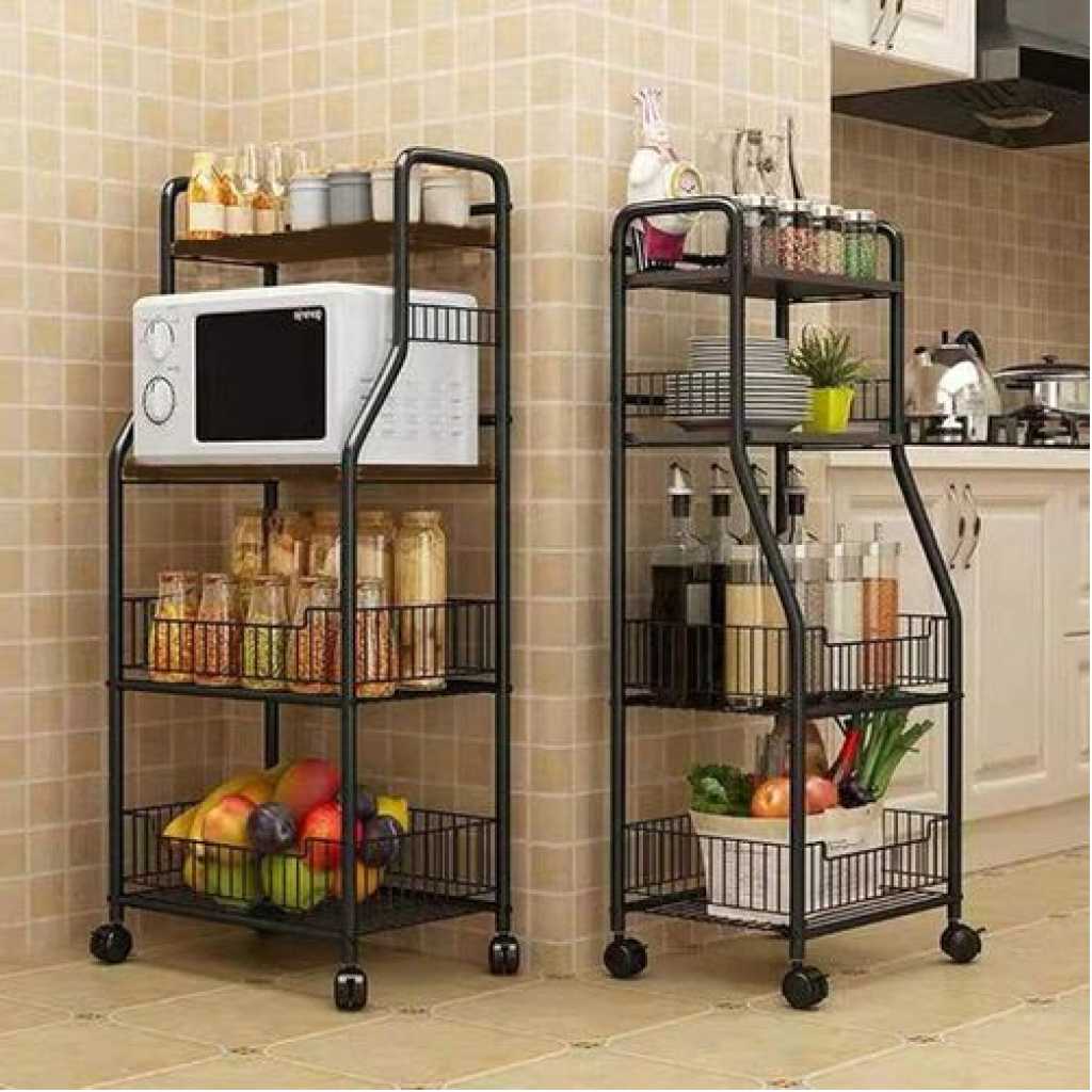 1 Piece Of 4-Tiers Kitchen Microwave Stand Storage Trolley Workstation Shelf/Tool Storage Shelf Microwave Rack/Multi-Function Kitchen Floor-Standing Rack/Baker Rack Kitchen Trolley/Space-saving Black