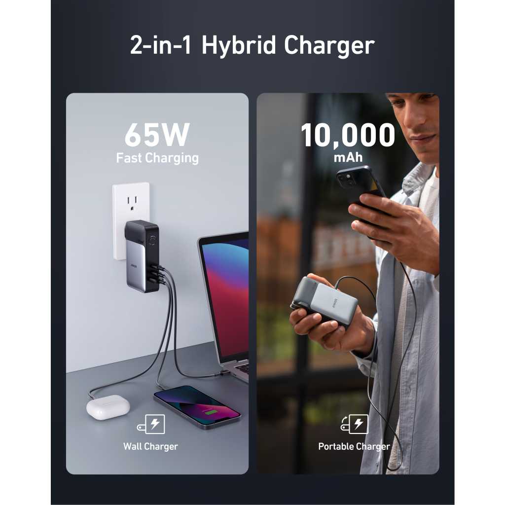 Anker GaNPrime Laptop & Phone Power Bank, 2-in-1 Hybrid Charger, 10K 30W USB-C Portable Charger with 65W Wall Charger, Works for iPhone 15/15 Plus/15 Pro/15 Pro Max/14/13, Samsung, Pixel, MacBook, Dell, and More