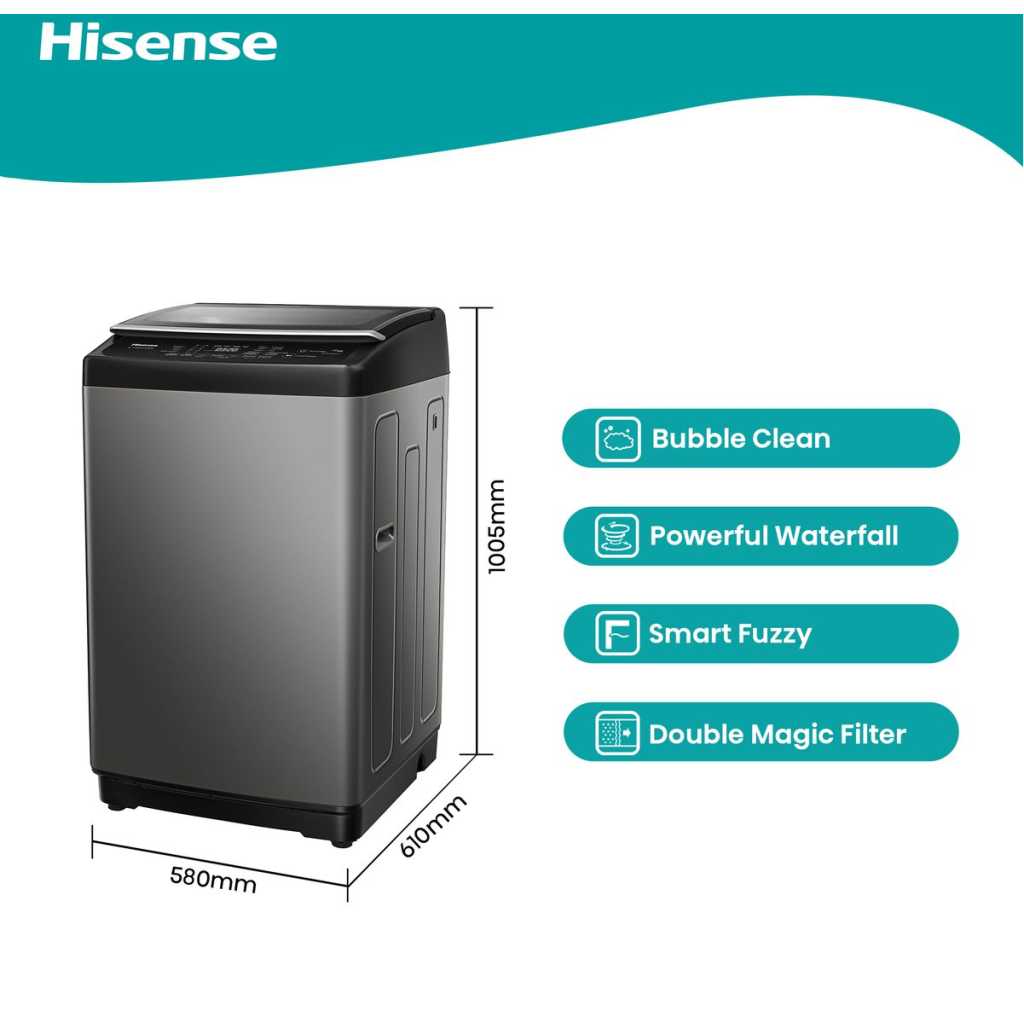 Hisense 14Kg Top Loader Washing Machine with LED Display WTJA1402T (Wash & Dry) - Titanium Grey