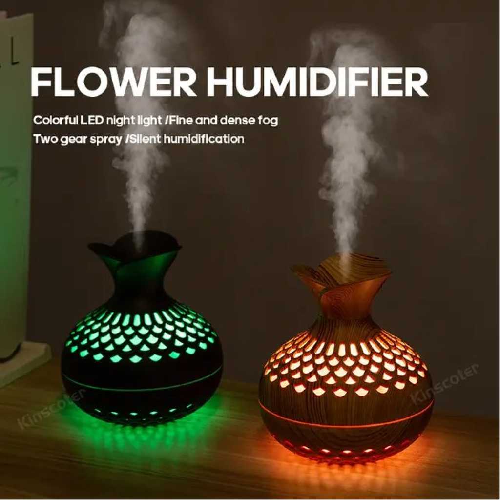 Portable Humidifier, 7 Colour LED Night Light, USB Wood Grain Ultrasonic Mist Air Humidifier Aroma Diffuser - Brown