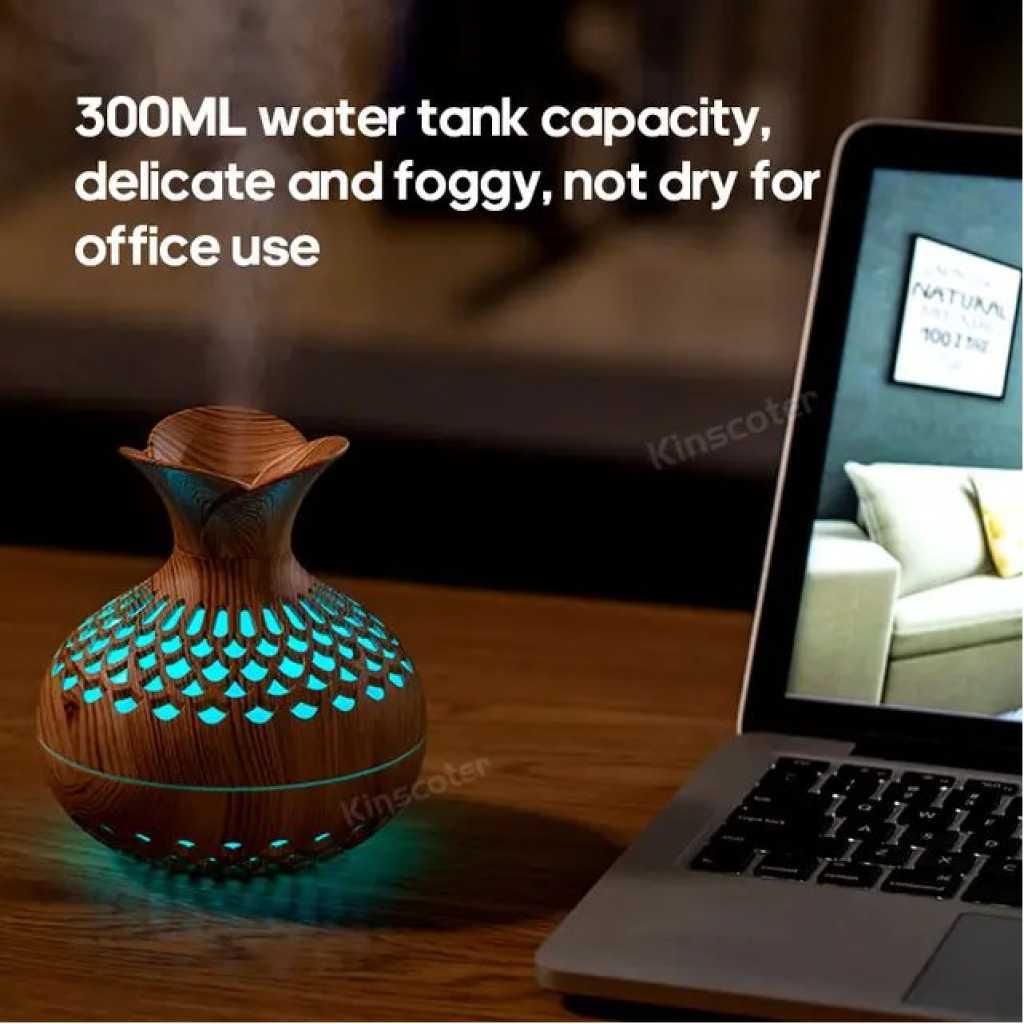 Portable Humidifier, 7 Colour LED Night Light, USB Wood Grain Ultrasonic Mist Air Humidifier Aroma Diffuser - Brown