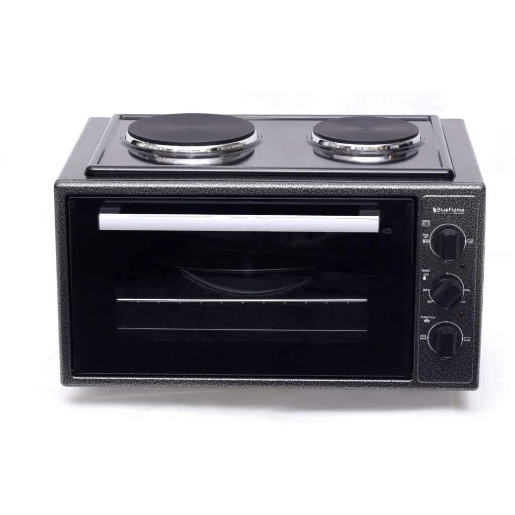Blueflame 35 Liters Electric Mini Oven With Two Hot Plates / Hobs, Thermostat, 2 Trays With Lamp, Up And Down Heating Function 35302-L – Black