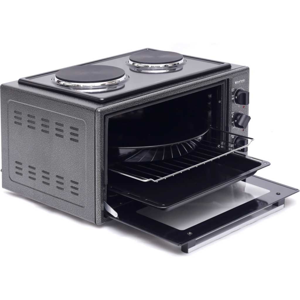 Blueflame 35 Liters Electric Mini Oven With Two Hot Plates / Hobs, Thermostat, 2 Trays With Lamp, Up And Down Heating Function 35302-L – Black