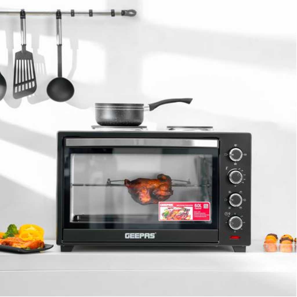 Geepas 60L GO4452 Electric Oven With Rotisserie And Convection, 2 Hot Plates - Black