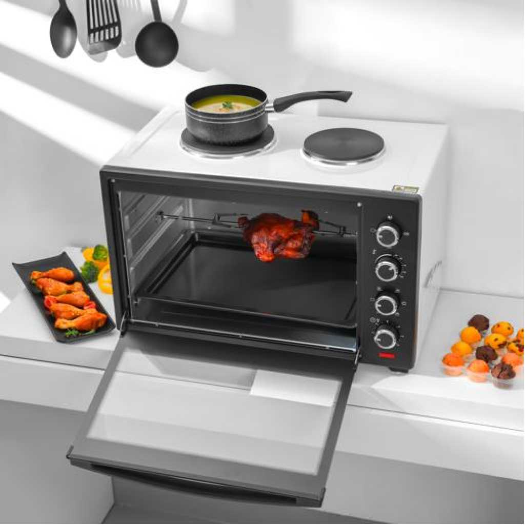 Geepas 60L GO4452 Electric Oven With Rotisserie And Convection, 2 Hot Plates - Black